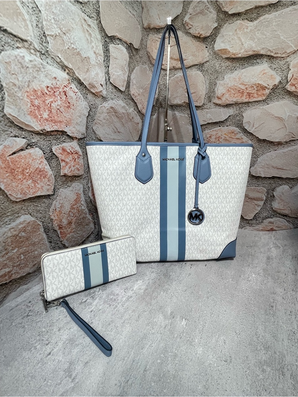 Michael Kors Eva Center Stripe Tote & Matching Wallet Chambray Multi